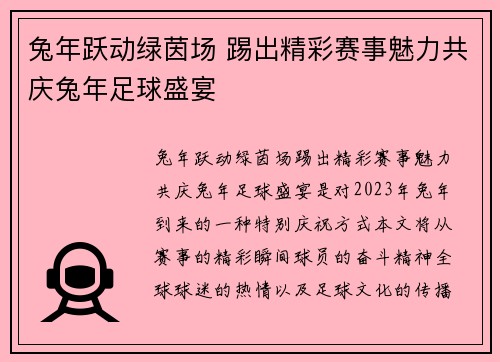 兔年跃动绿茵场 踢出精彩赛事魅力共庆兔年足球盛宴