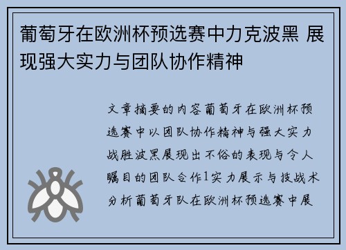 葡萄牙在欧洲杯预选赛中力克波黑 展现强大实力与团队协作精神