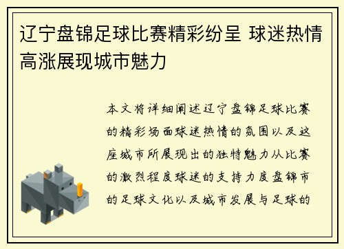 辽宁盘锦足球比赛精彩纷呈 球迷热情高涨展现城市魅力