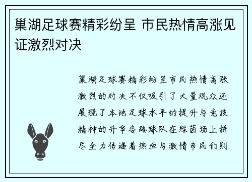 巢湖足球赛精彩纷呈 市民热情高涨见证激烈对决