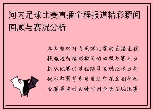 河内足球比赛直播全程报道精彩瞬间回顾与赛况分析