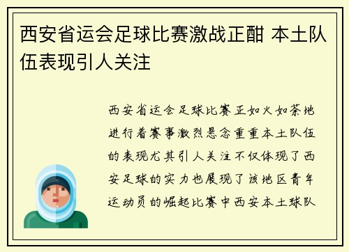 西安省运会足球比赛激战正酣 本土队伍表现引人关注