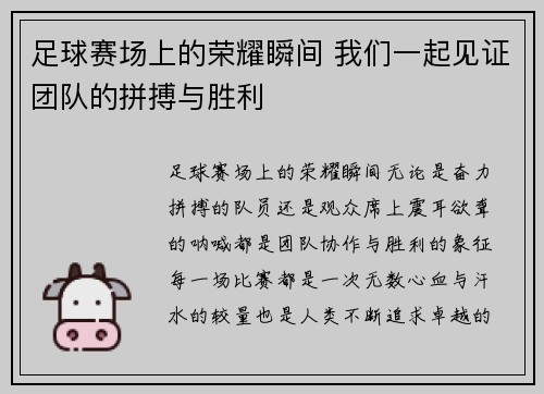 足球赛场上的荣耀瞬间 我们一起见证团队的拼搏与胜利