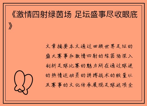 《激情四射绿茵场 足坛盛事尽收眼底》