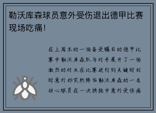 勒沃库森球员意外受伤退出德甲比赛现场吃痛！