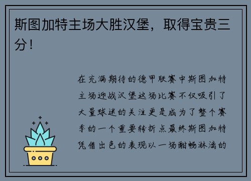 斯图加特主场大胜汉堡，取得宝贵三分！