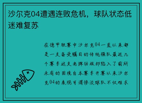 沙尔克04遭遇连败危机，球队状态低迷难复苏