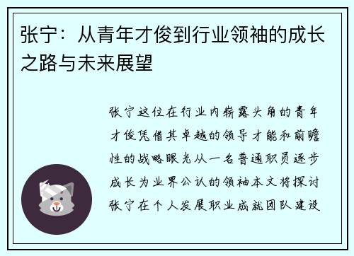 张宁：从青年才俊到行业领袖的成长之路与未来展望