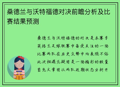 桑德兰与沃特福德对决前瞻分析及比赛结果预测