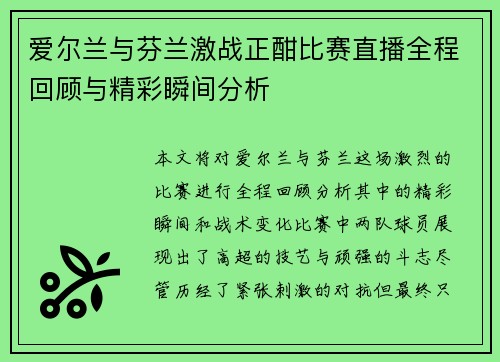 爱尔兰与芬兰激战正酣比赛直播全程回顾与精彩瞬间分析