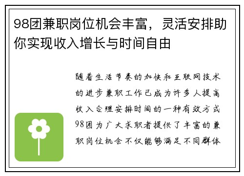 98团兼职岗位机会丰富，灵活安排助你实现收入增长与时间自由