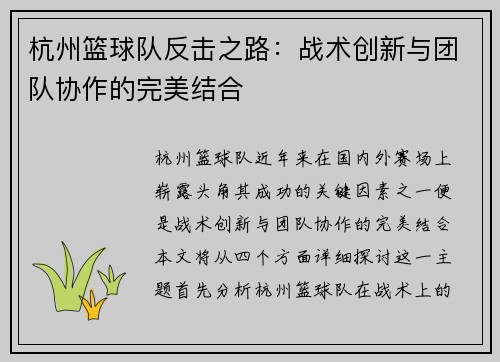杭州篮球队反击之路：战术创新与团队协作的完美结合