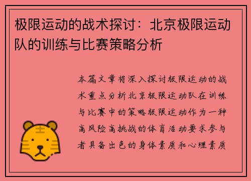 极限运动的战术探讨：北京极限运动队的训练与比赛策略分析