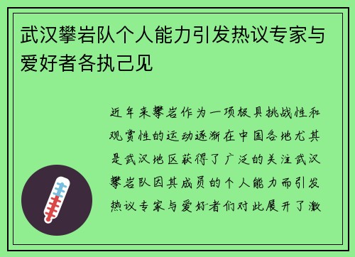 武汉攀岩队个人能力引发热议专家与爱好者各执己见